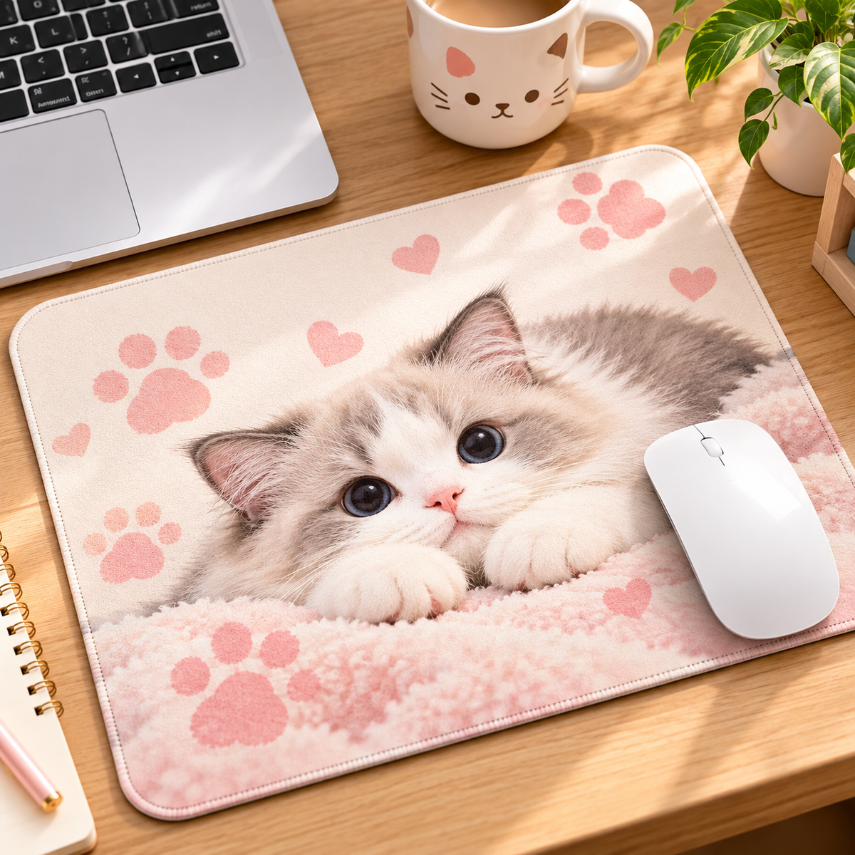 Cute Kitten & Pink Paw Print Mouse Pad