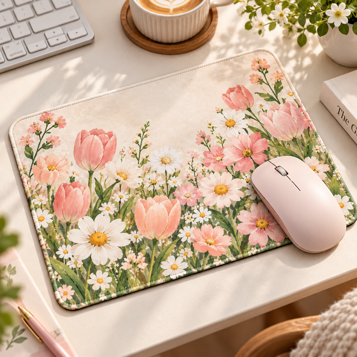 Pink Tulip & Daisy Floral Mouse Pad