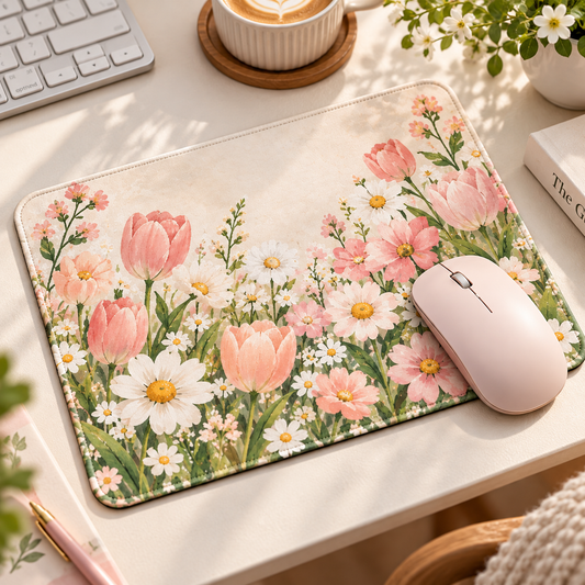 Pink Tulip & Daisy Floral Mouse Pad